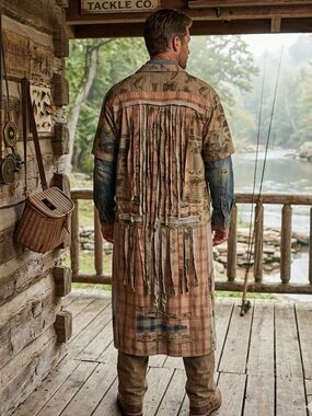 Upcycled patched over dyed fringe back sportsmen’s fish print plaid duster shirt